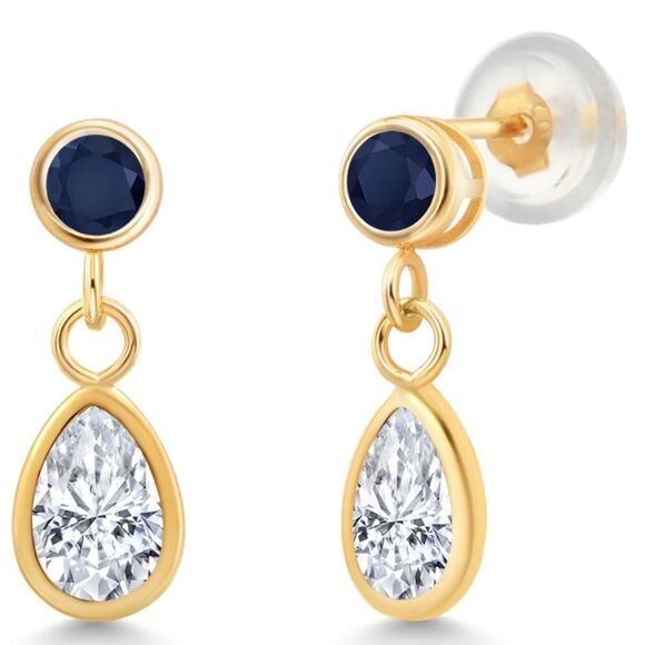 14K Yellow Gold with 1.10 Cttw White Moissanite and Blue Sapphire Post Earrings - Picture 2 of 4